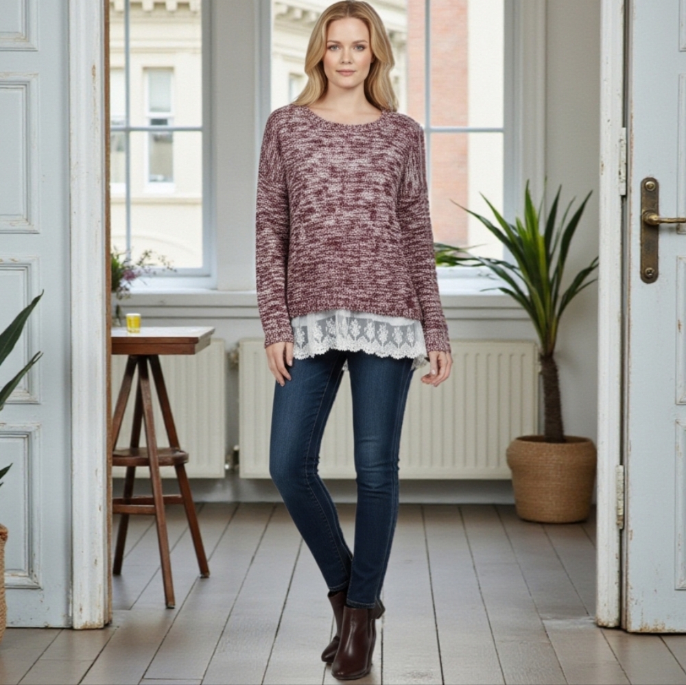 Rewind Dark Red / Maroon & White Knit Boatneck Sweater with Lace